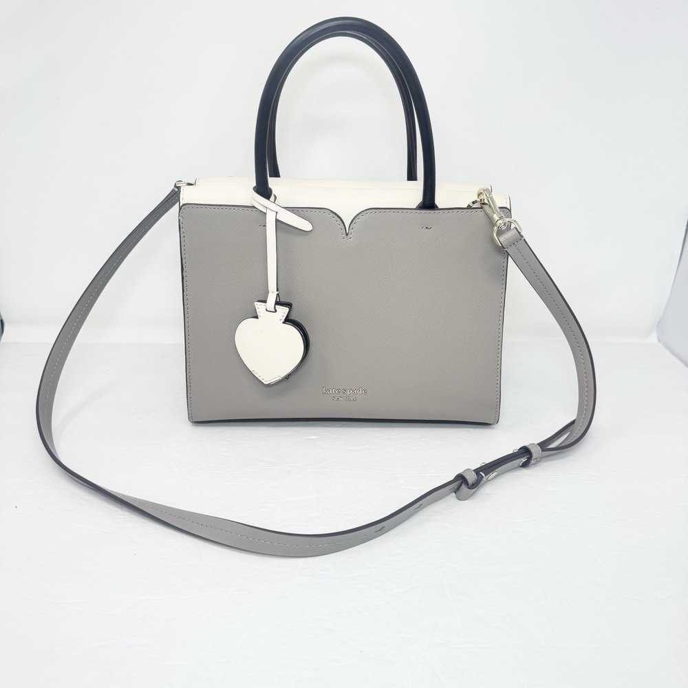 Kate Spade New York Spencer Medium Leather Satchel Bag Gray Cream Black